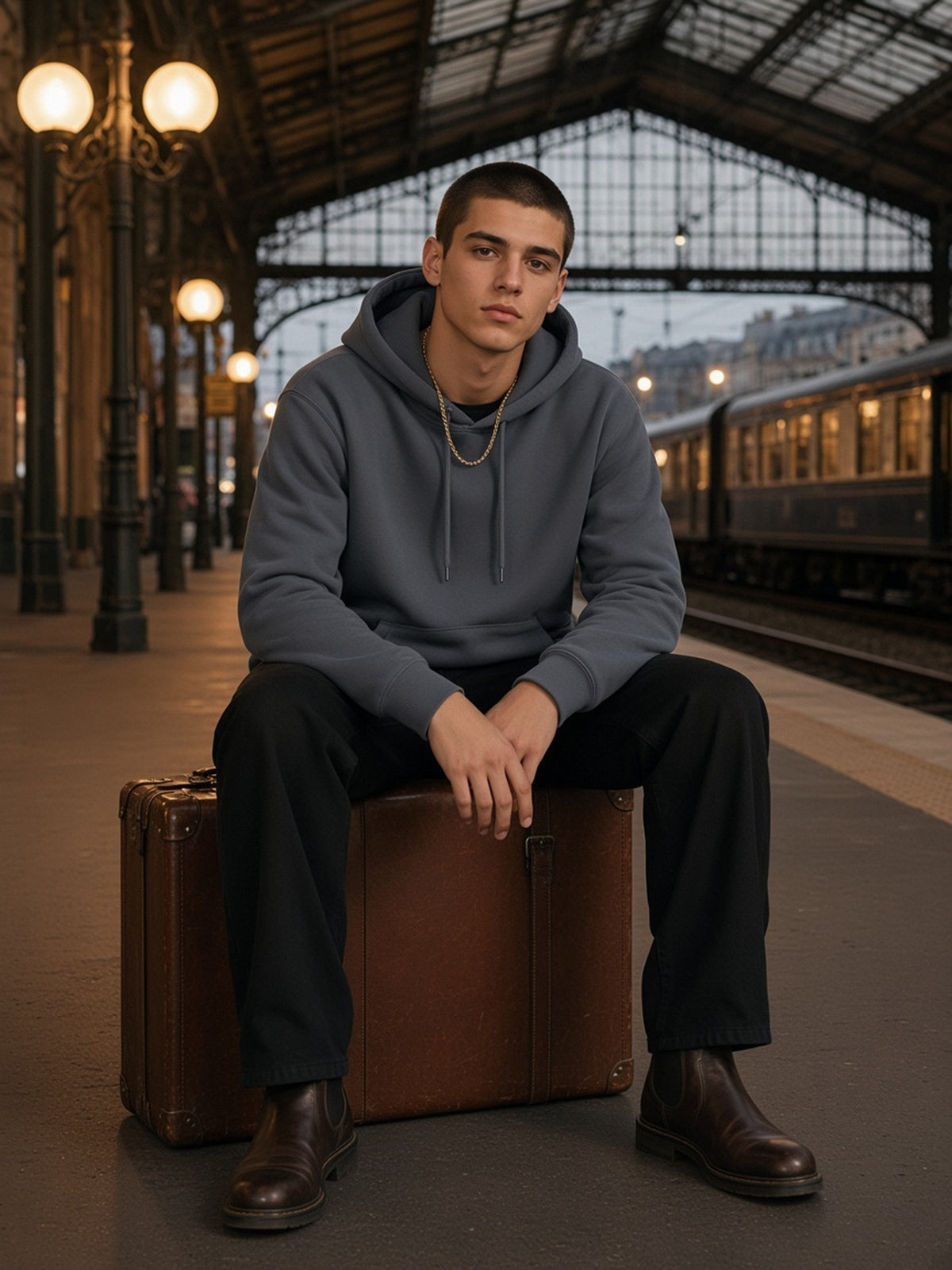 Man in the Classic Cotton Hoodie in Dark Grey, model front