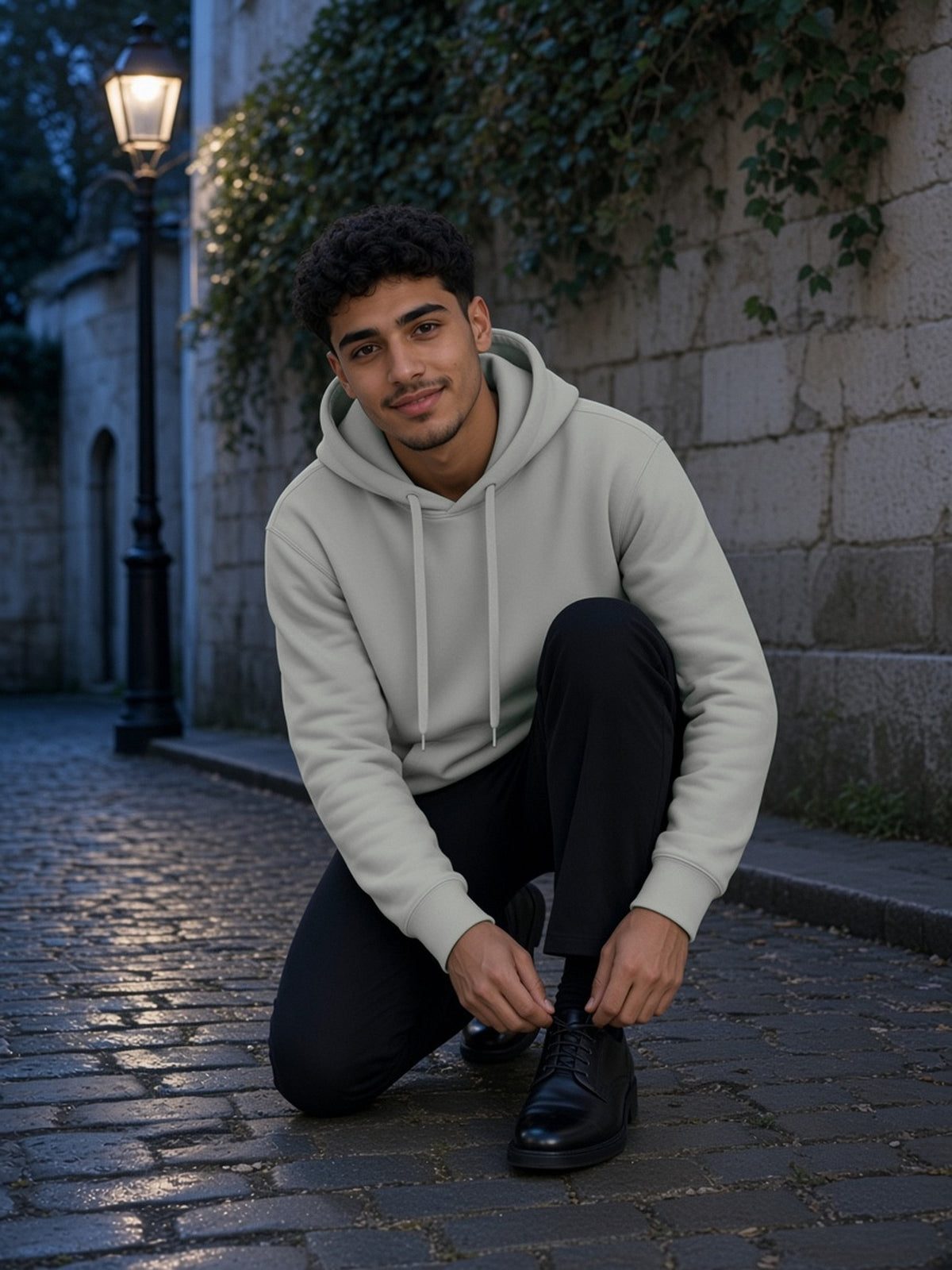 Man in the Classic Cotton Hoodie in Hemp Ash, model front