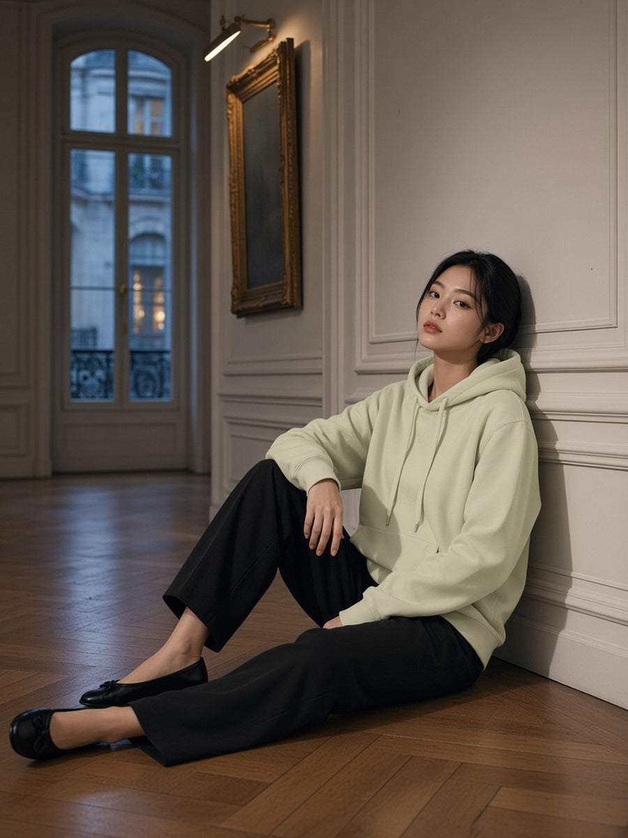 Woman in the Classic Cotton Hoodie in Khaki, model front