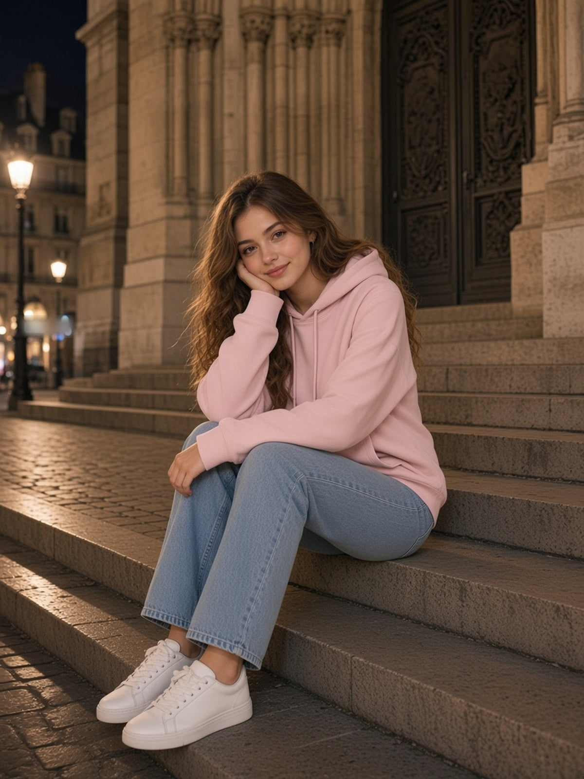 Woman in the Classic Cotton Hoodie in Light Pink, model front