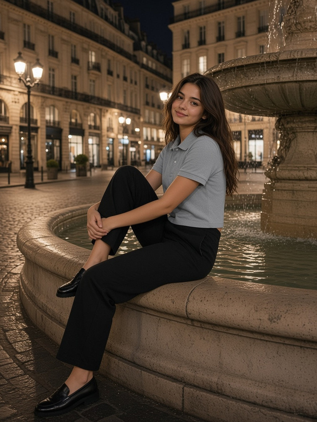 Woman in the Essential Cropped Polo Shirt in Gray, model front