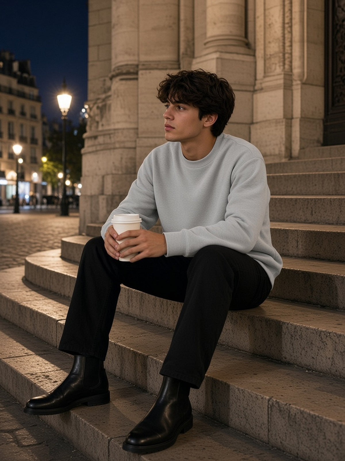Man in the Heavyweight Crewneck Sweatshirt in Flower Gray, model front
