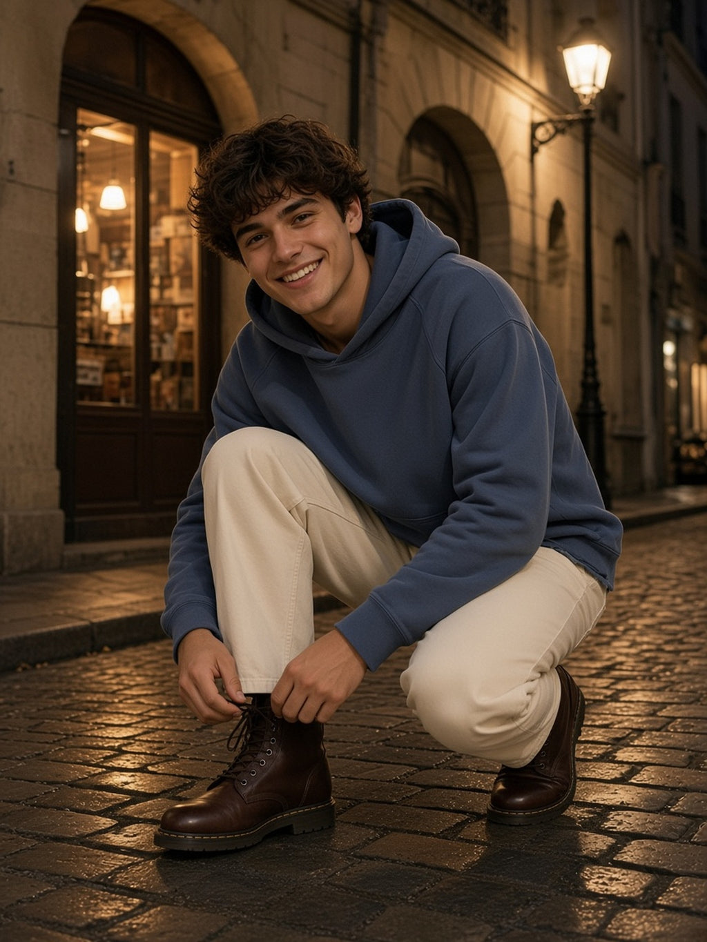 Man in the Vintage Wash Raw Edge Boxy Hoodie in Blue, model front