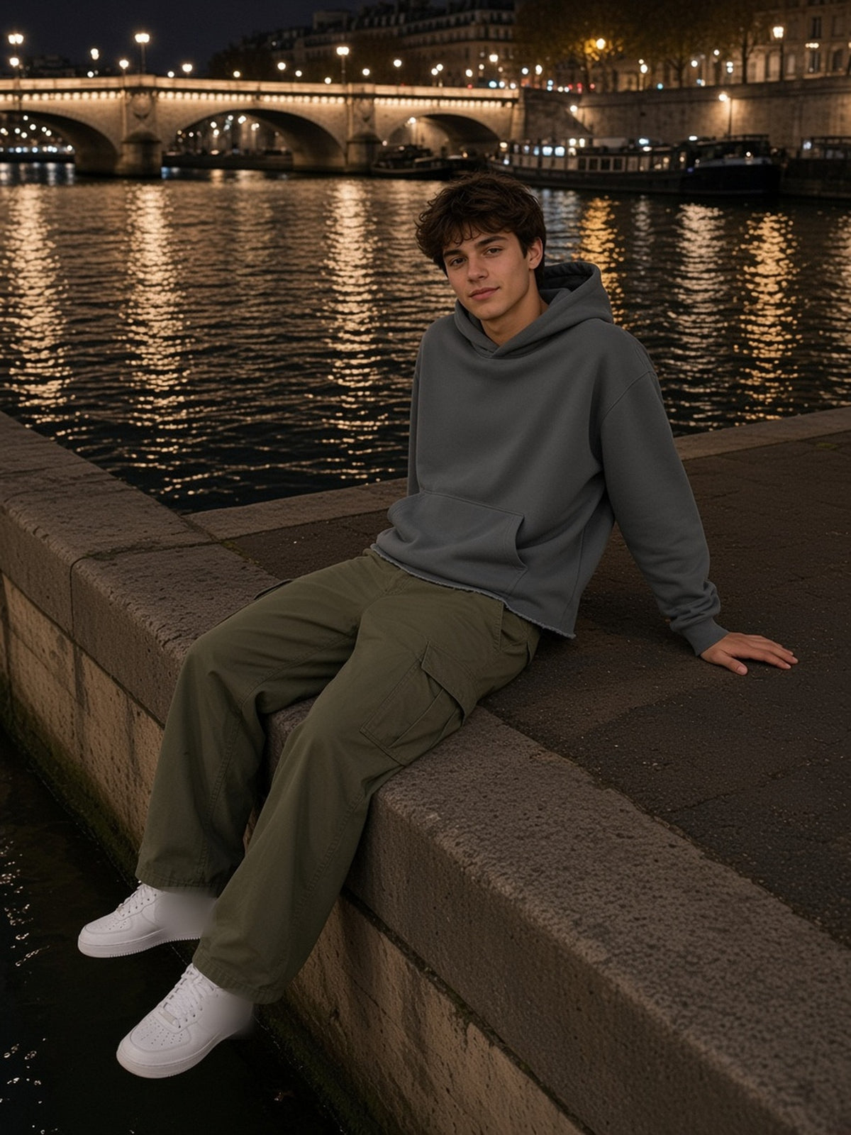 Man in the Vintage Wash Raw Edge Boxy Hoodie in Dark Gray, model front