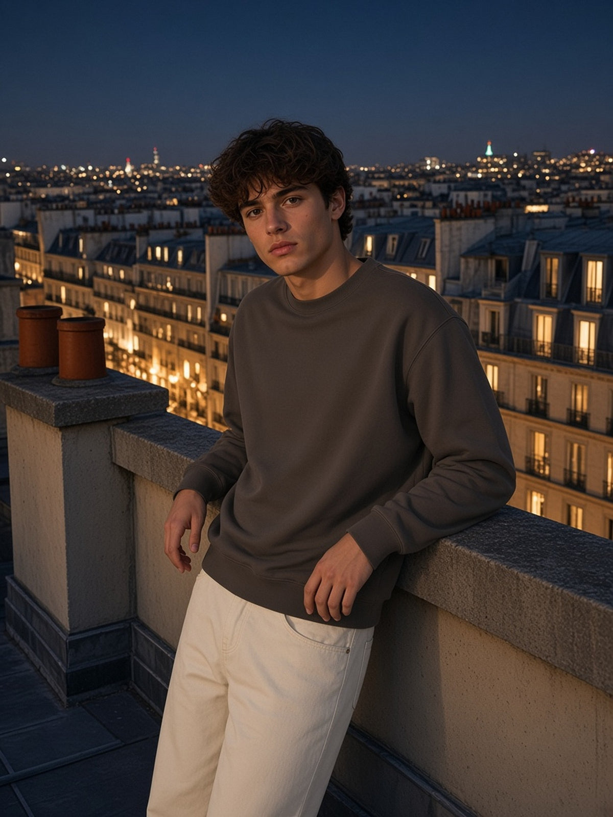 Man in the Heavyweight Crewneck Sweatshirt in Coffee, model front
