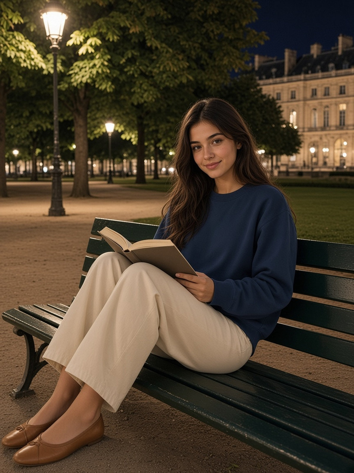 Woman in the Heavyweight Crewneck Sweatshirt in Navy Blue, model front