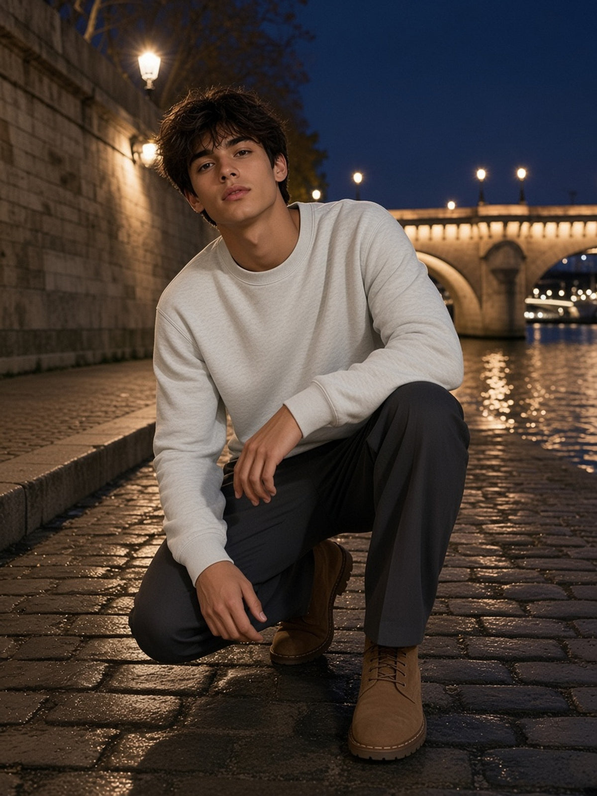 Man in the Oversized Crewneck Sweatshirt in Flower Gray, model front