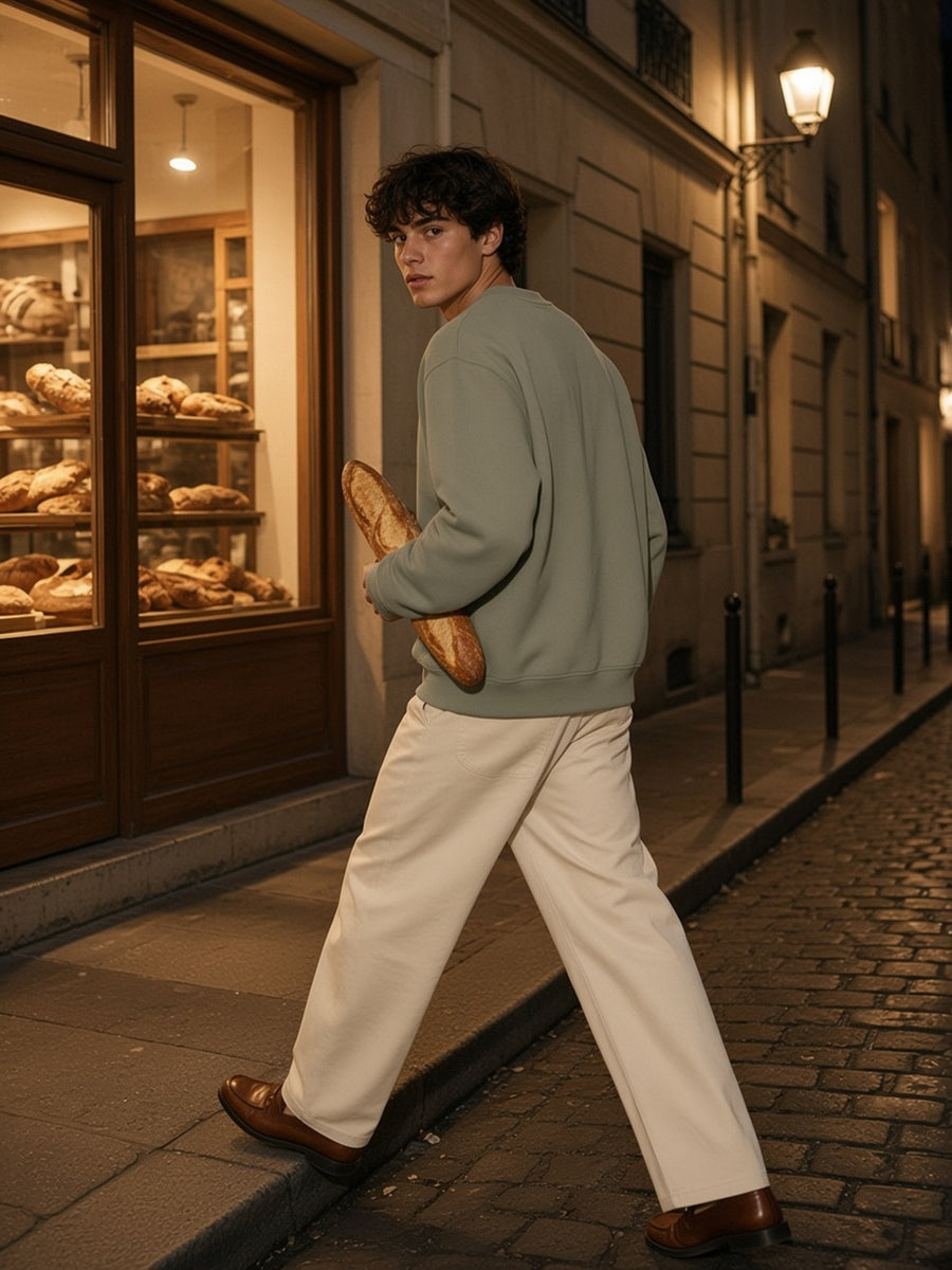 Man in the Oversized Crewneck Sweatshirt in Gray Green, model front