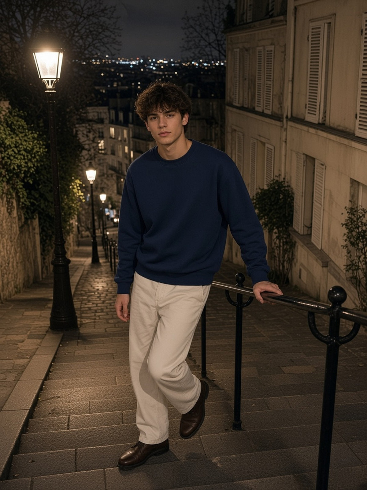 Man in the Oversized Crewneck Sweatshirt in Navy Blue, model front