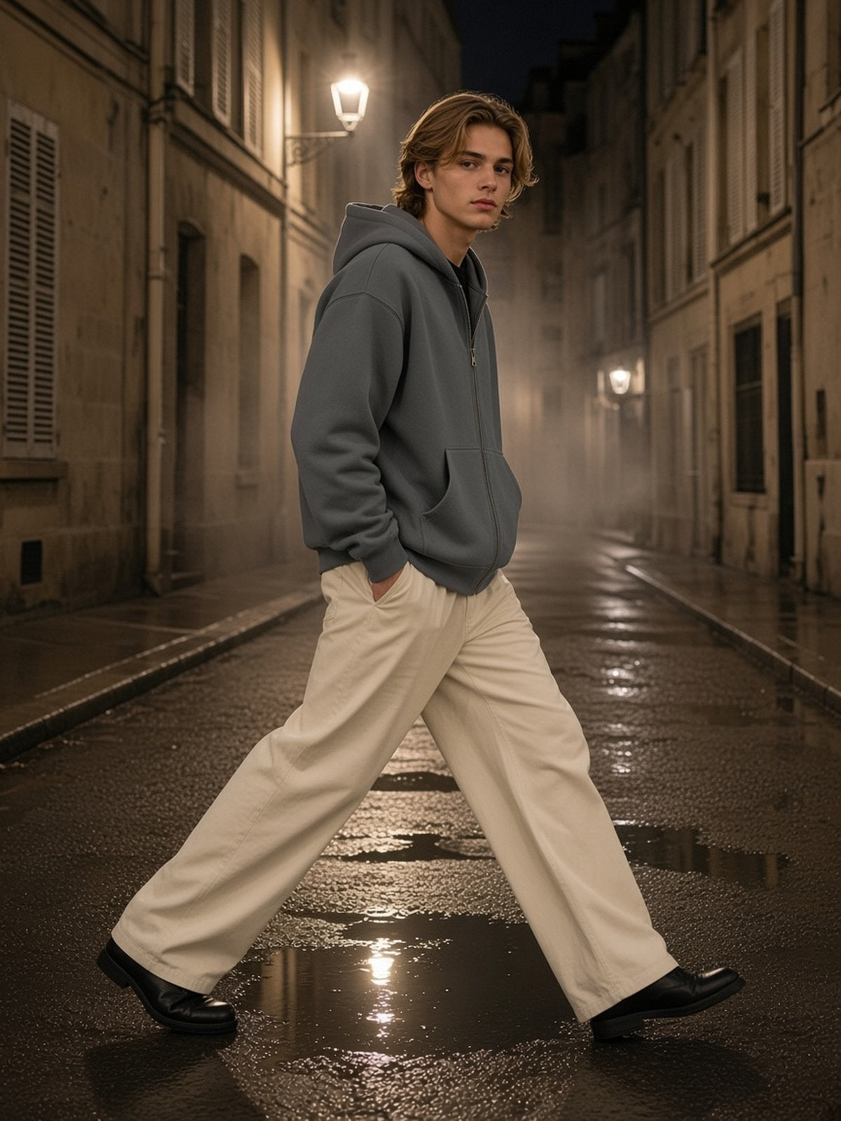 Man in the Essential Fleece Zip-Through Hoodie in Dark Gray, model front