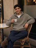 Man in the Essential Fleece Zip-Through Hoodie in Gray Coffee, model front