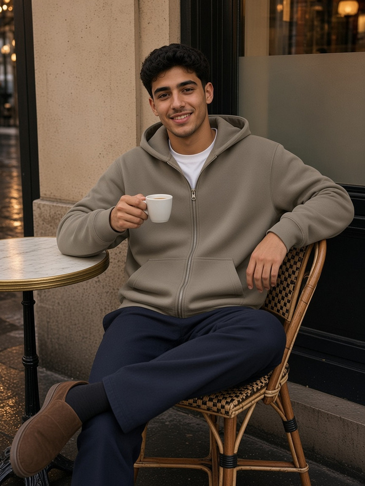 Man in the Essential Fleece Zip-Through Hoodie in Gray Coffee, model front