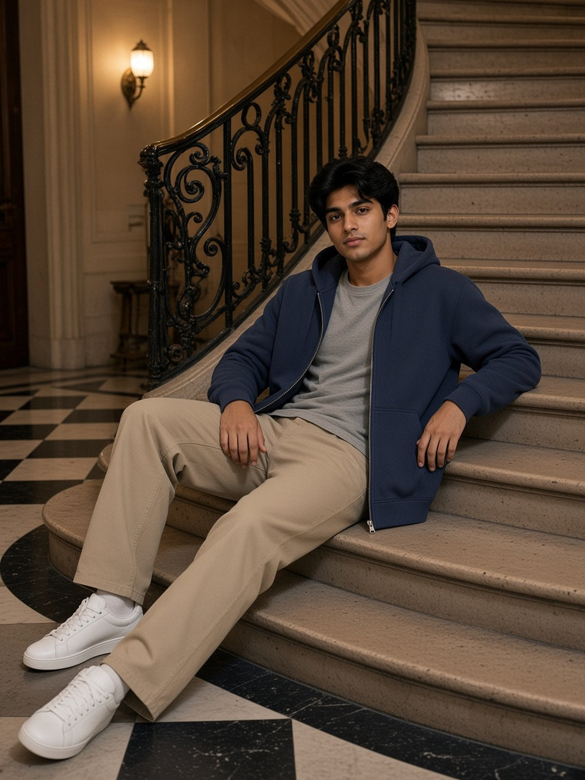 Man in the Essential Fleece Zip-Through Hoodie in Navy Blue, model front