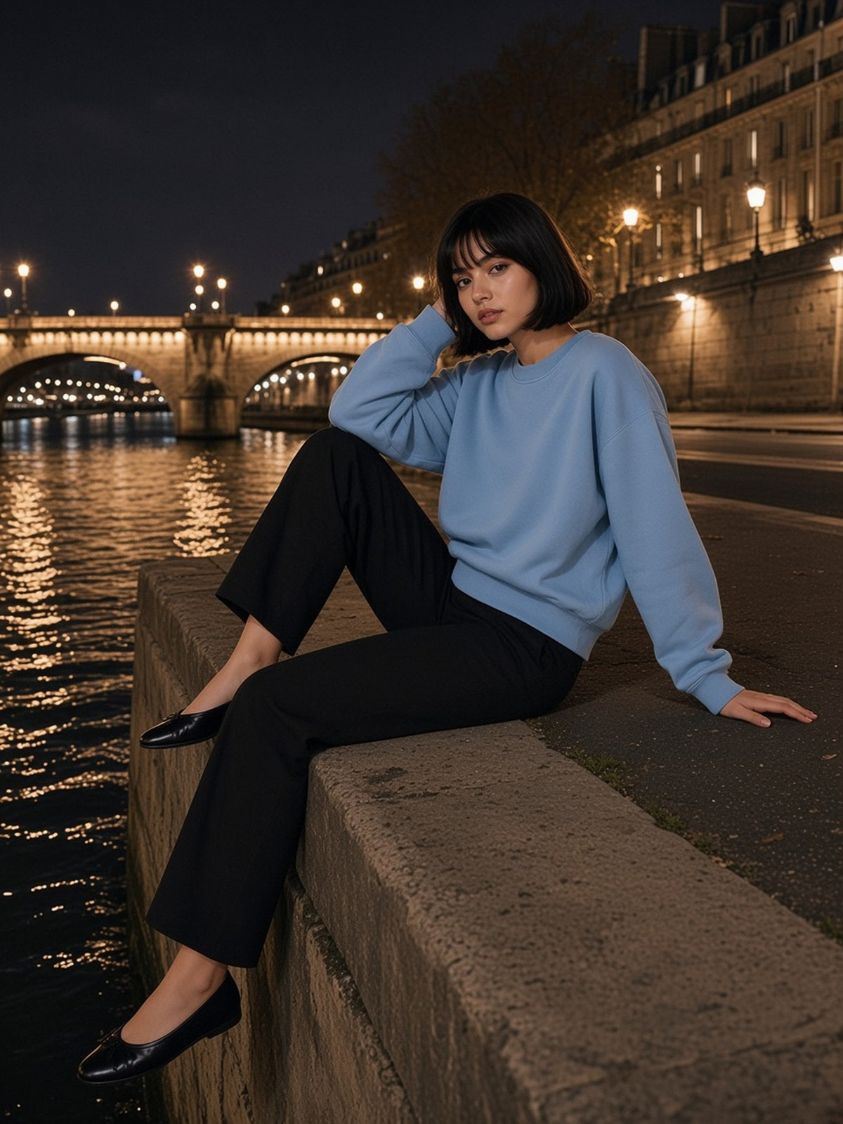 Woman in the Boxy Vintage Washed Sweatshirt in Light Blue, model front