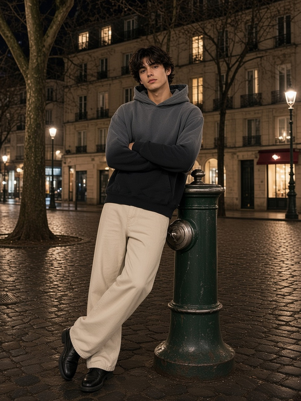 Man in the Vintage Washed Gradient Fleece Hoodie in Black, model front