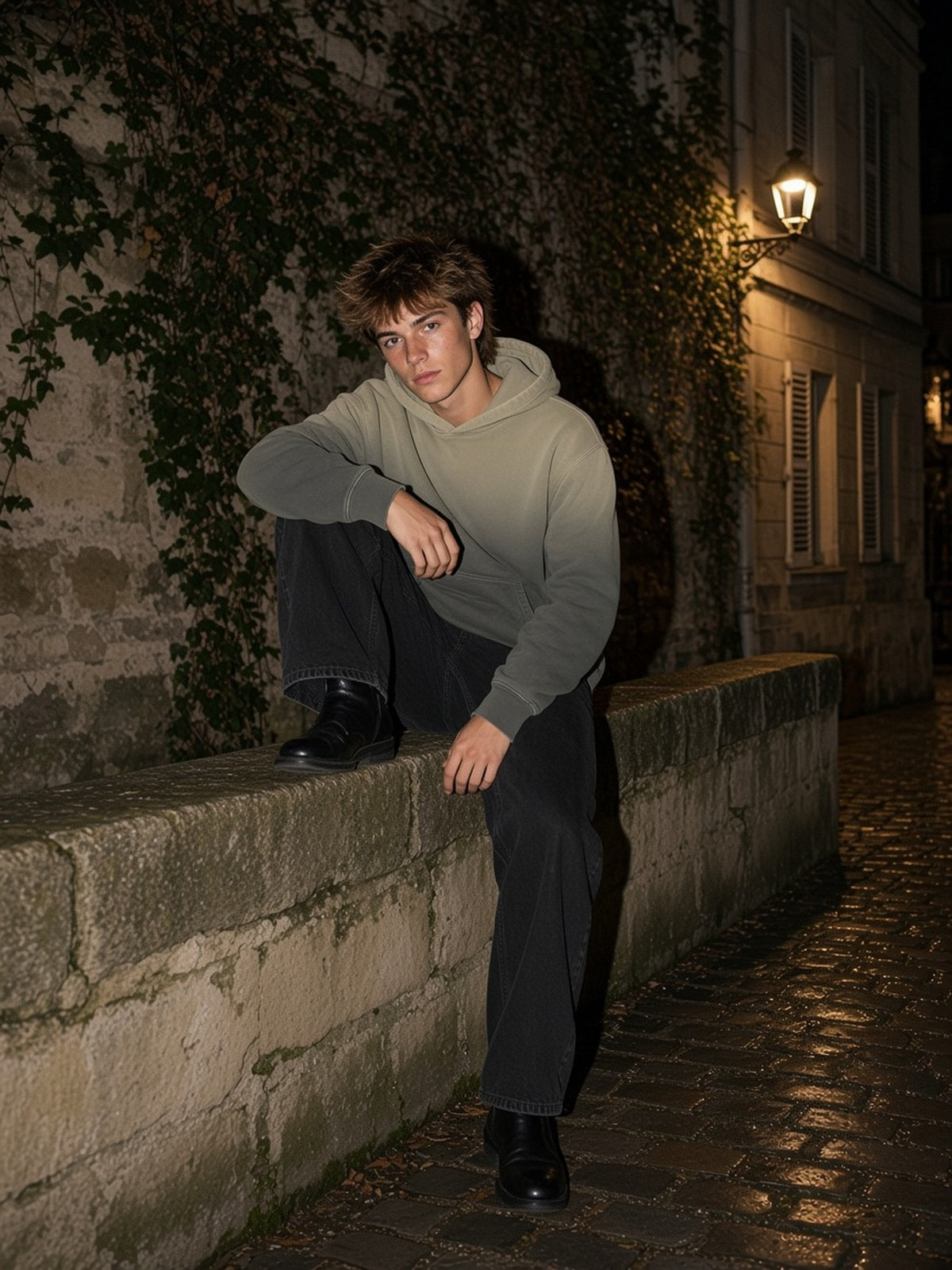 Man in the Vintage Washed Gradient Fleece Hoodie in Dark Gray, model front