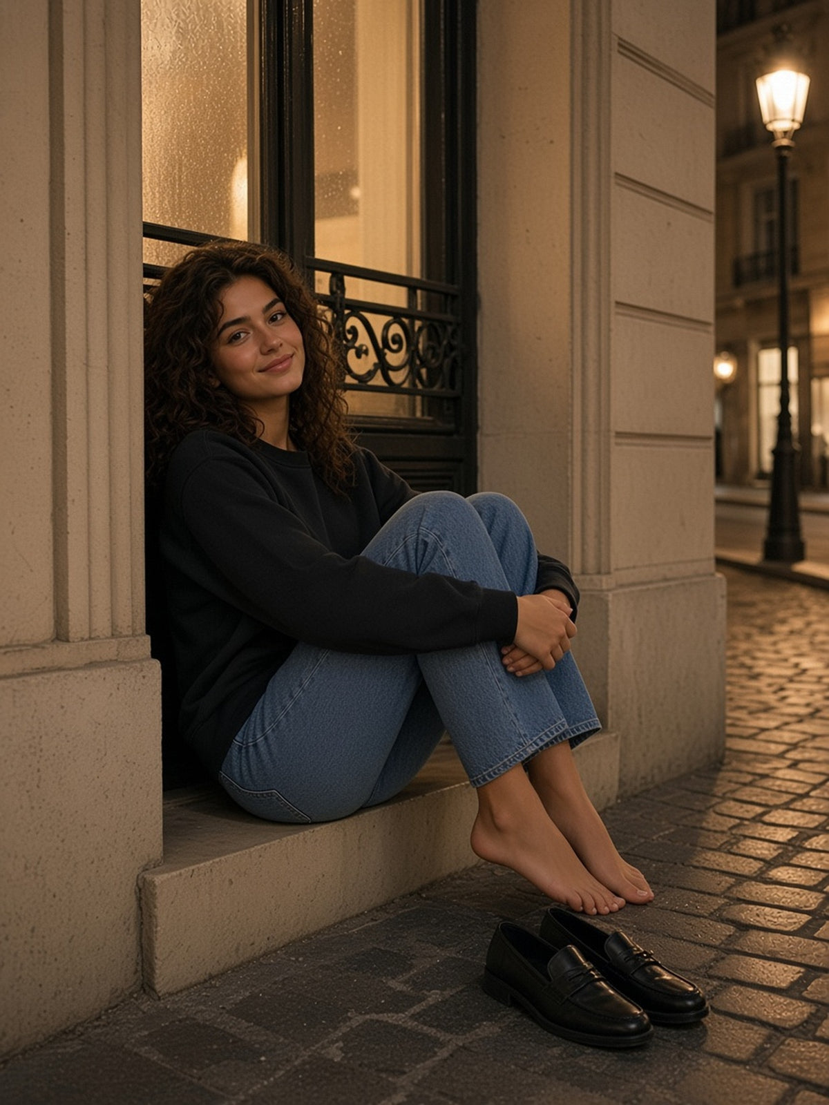 Woman in the Vintage Wash Crewneck Sweatshirt in Black, model front