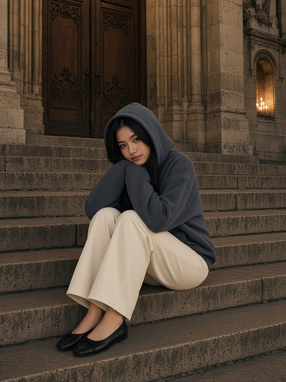 Woman in the Heavyweight Vintage Wash Boxy Hoodie in Dark Gray, model front