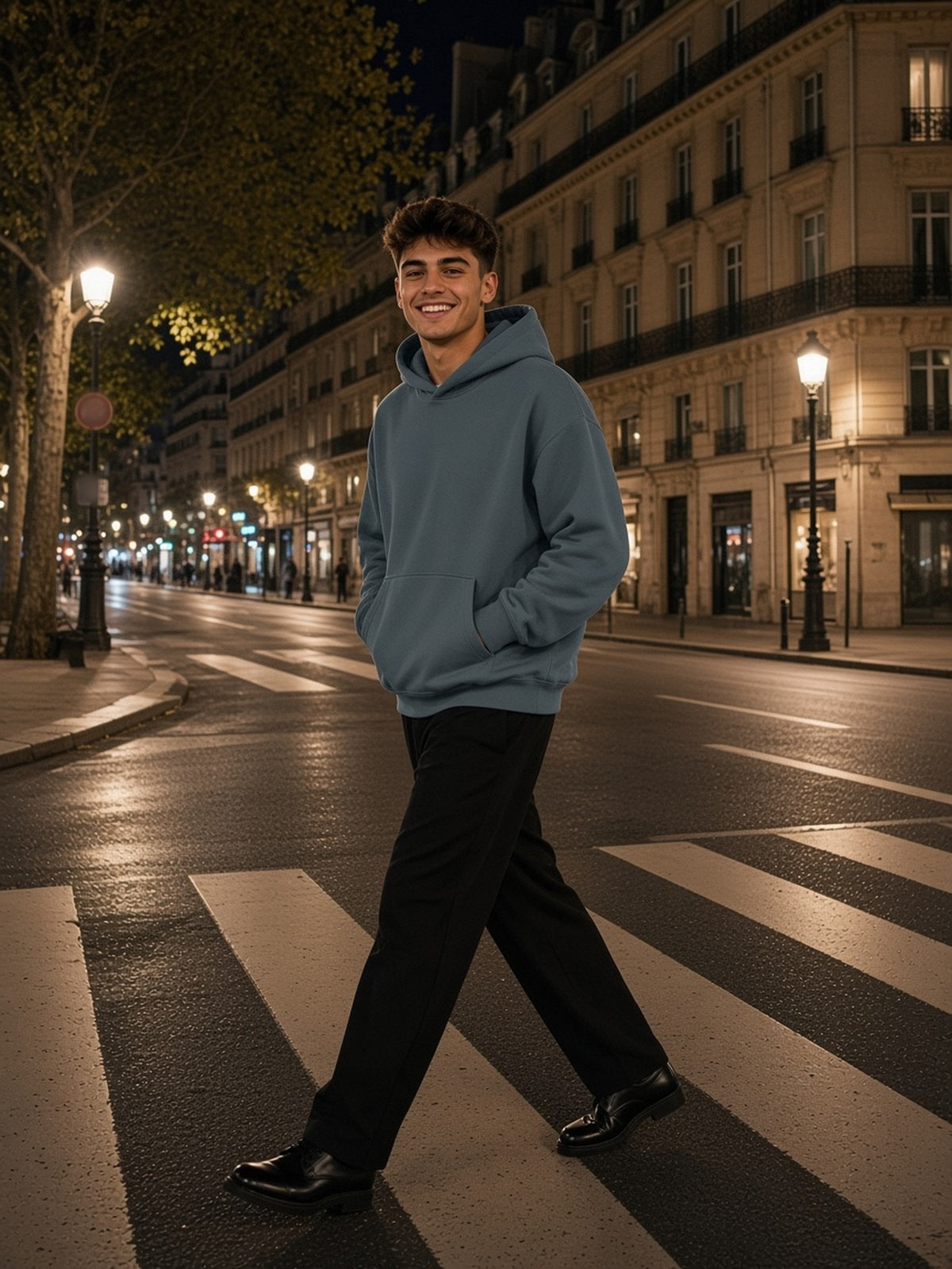 Man in the Heavyweight Vintage Wash Boxy Hoodie in Gray Blue, model front