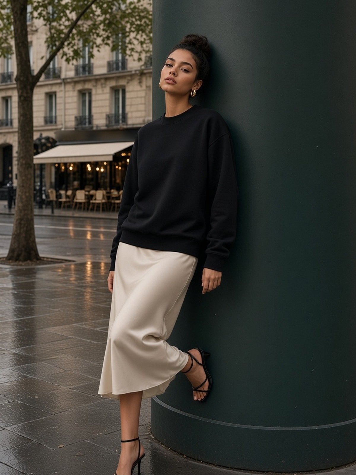 Woman in the Drop Shoulder Crewneck Sweatshirt in Black, model front