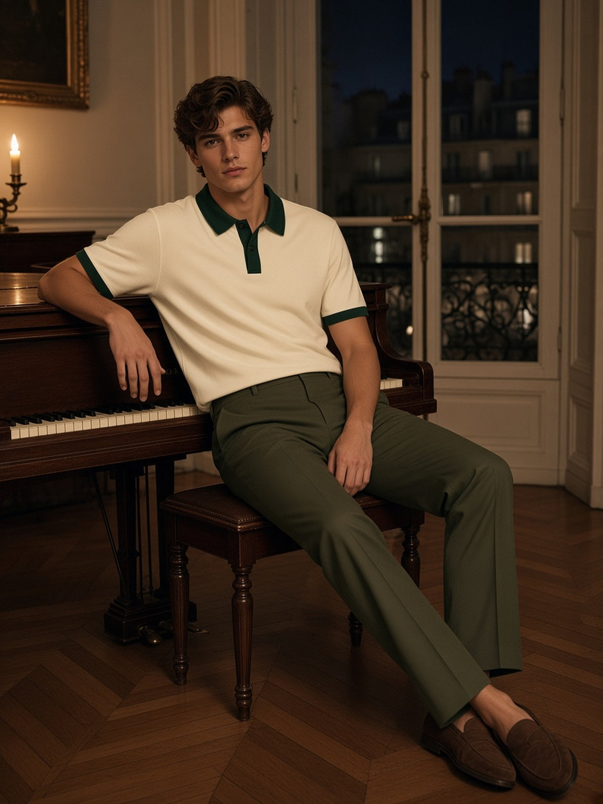 Man in Marcel Afters Color Block Polo Shirt in Apricot with Dark Green, model front