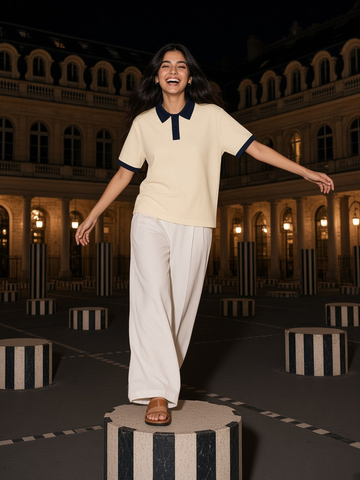 Woman in Marcel Afters Color Block Polo Shirt in Apricot with Navy Blue, model front