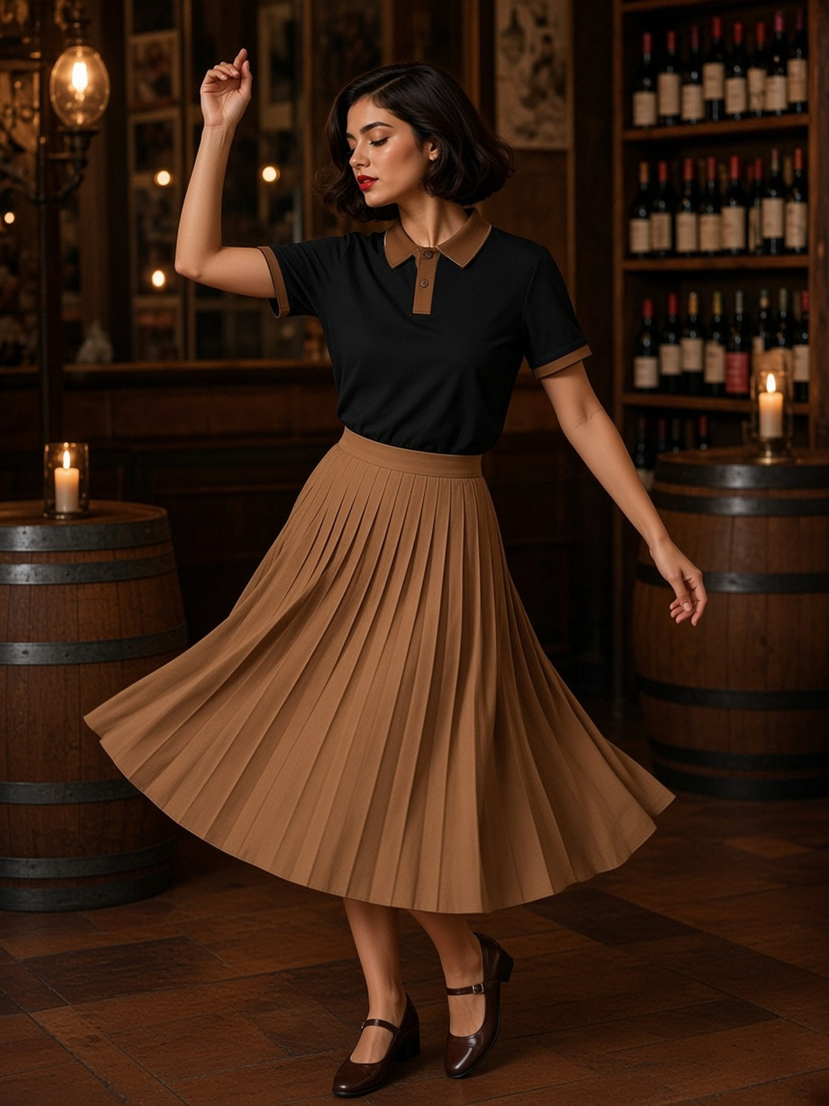 Woman in Marcel Afters Color Block Polo Shirt in Black with Brown, model front
