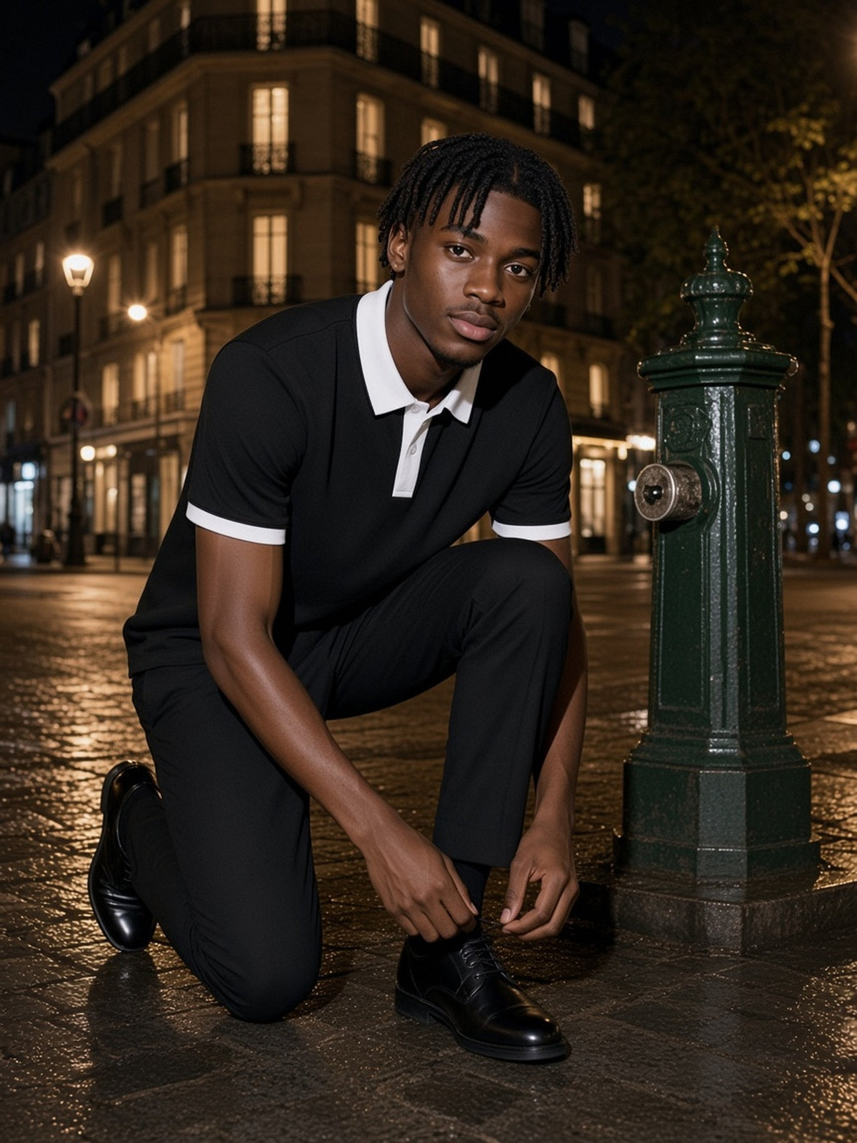 Man in Marcel Afters Color Block Polo Shirt in Black with White, model front