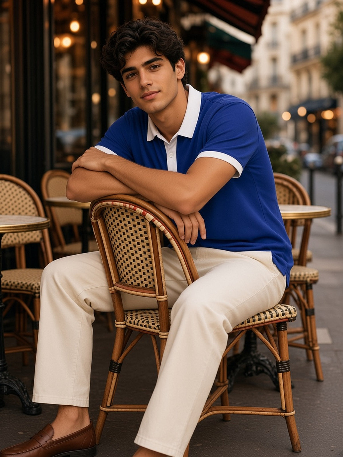 Man in Marcel Afters Color Block Polo Shirt in Klein Blue with White, model front