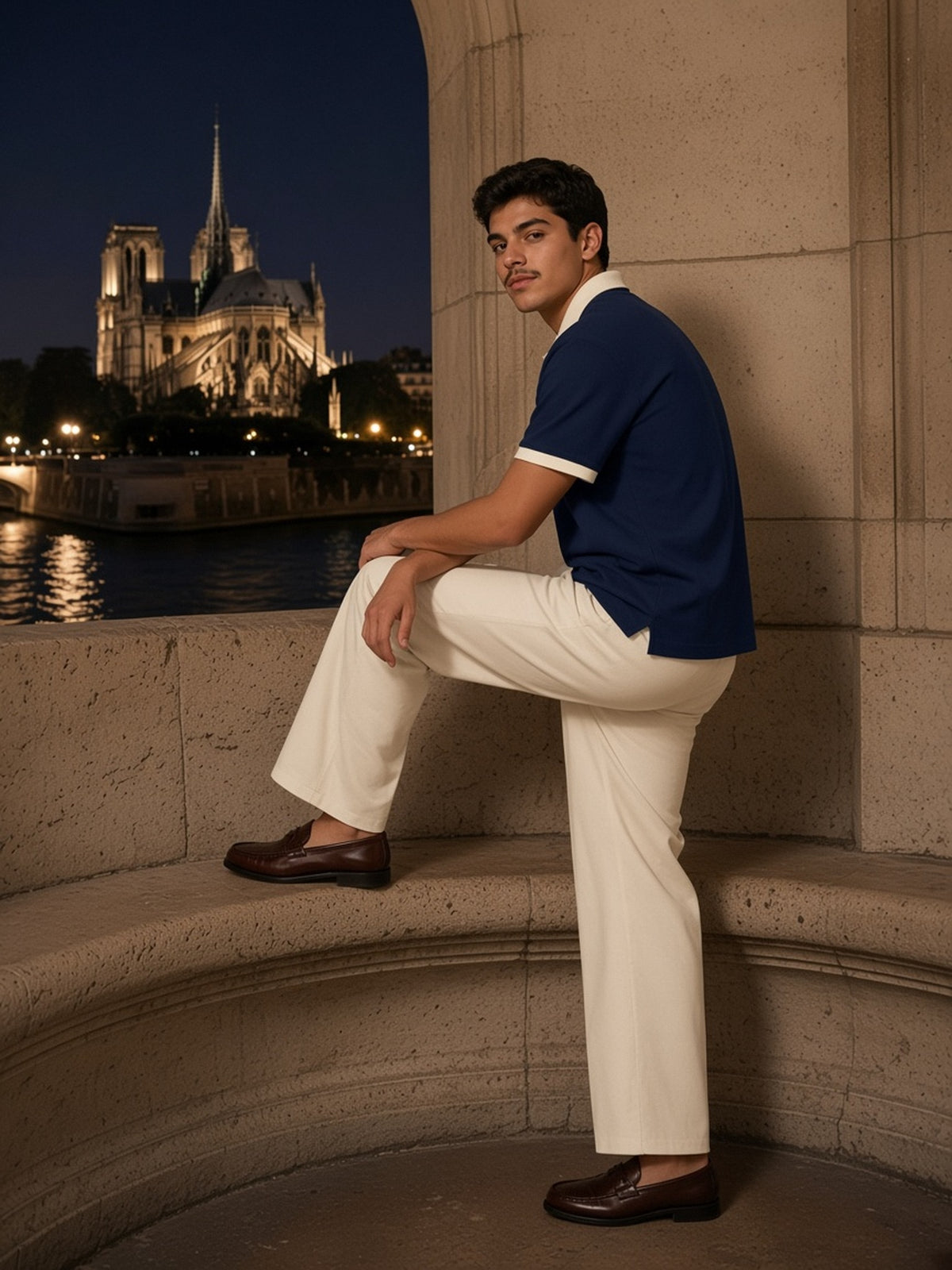 Man in Marcel Afters Color Block Polo Shirt in Navy Blue with Apricot, model front