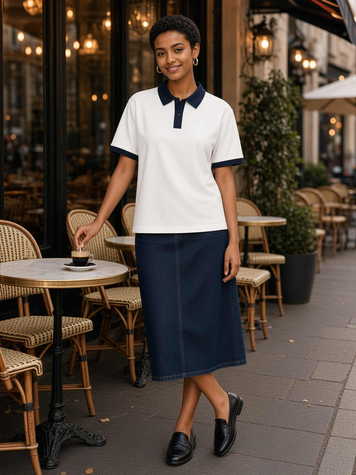 Woman in Marcel Afters Color Block Polo Shirt in White with Navy Blue, model front