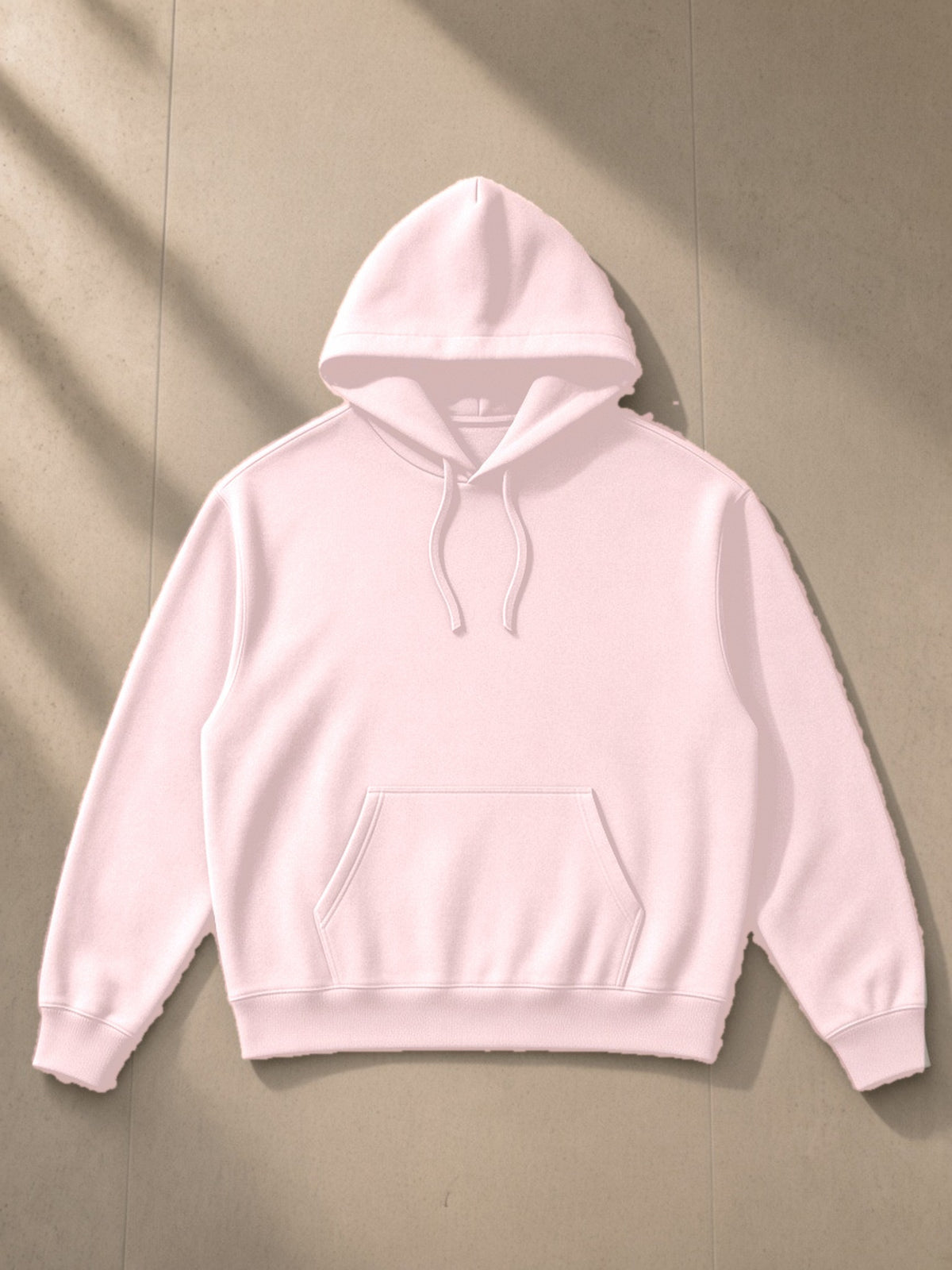 Essential Boxy Heavyweight Drop-Shoulder Hoodie in Pink, laid flat on pale limestone, front view