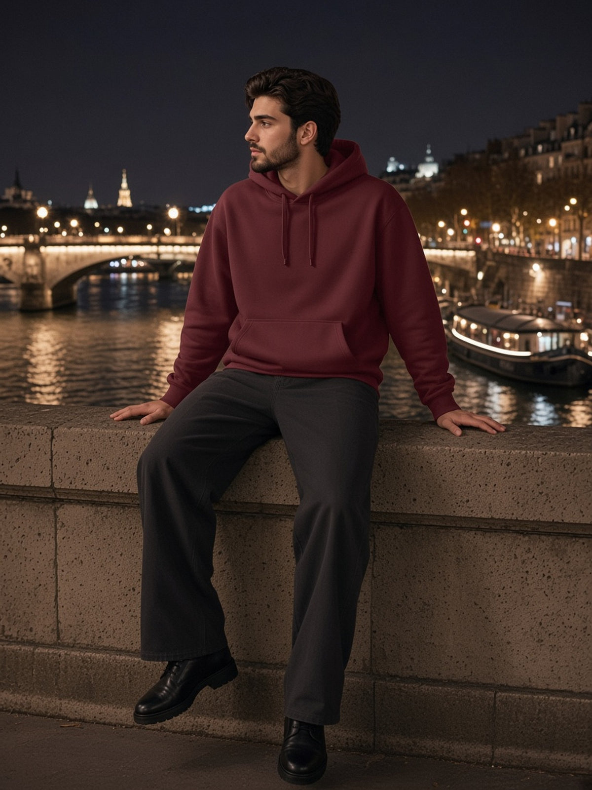 Man in Marcel Afters Essential Boxy Heavyweight Drop-Shoulder Hoodie in Dull Red, model front