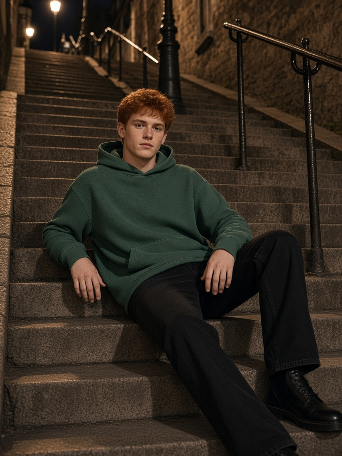 Man in Marcel Afters Vintage Wash Waffle Boxy Hoodie in Blackish Green, model front