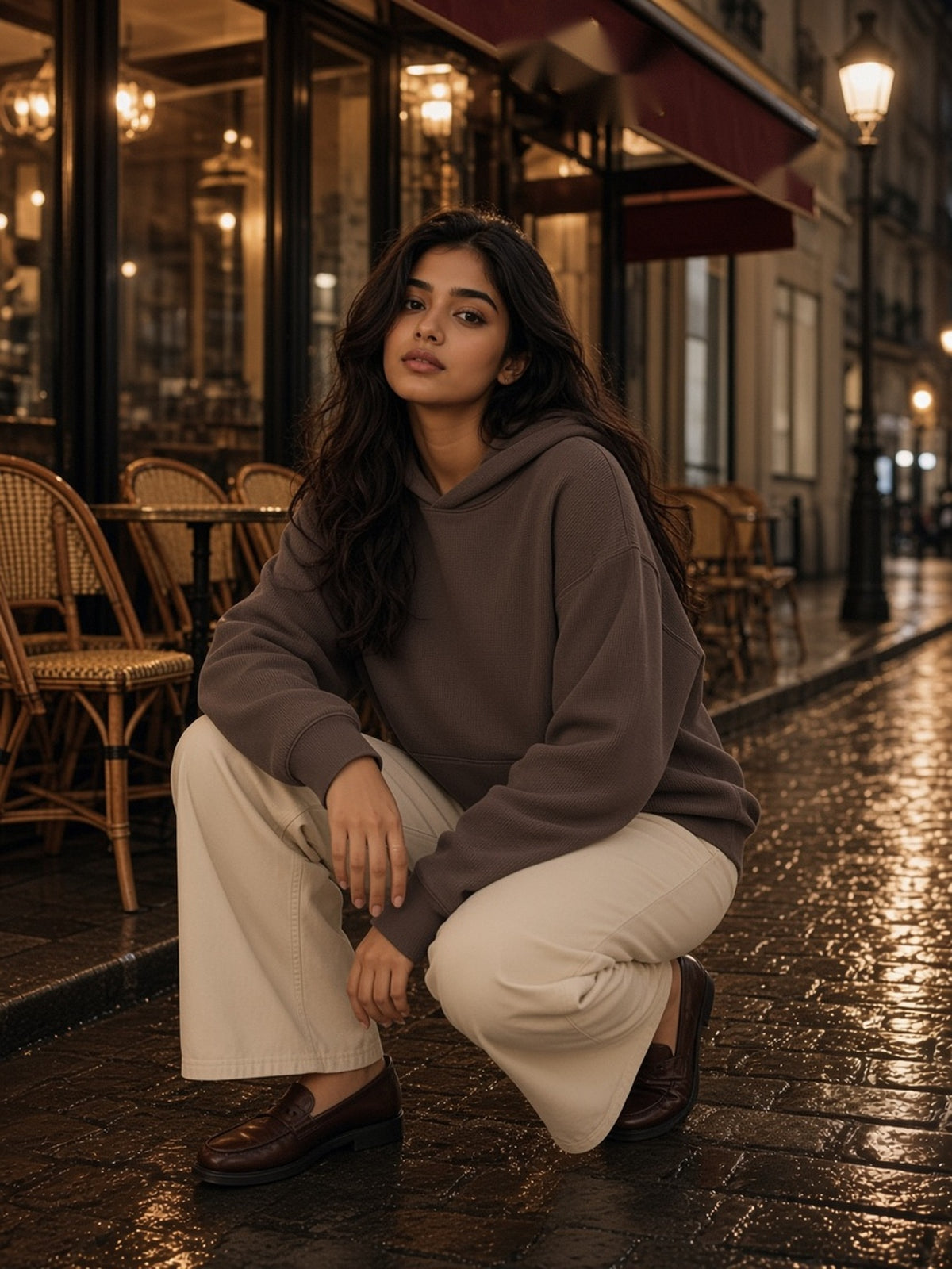 Woman in Marcel Afters Vintage Wash Waffle Boxy Hoodie in Brown, model front