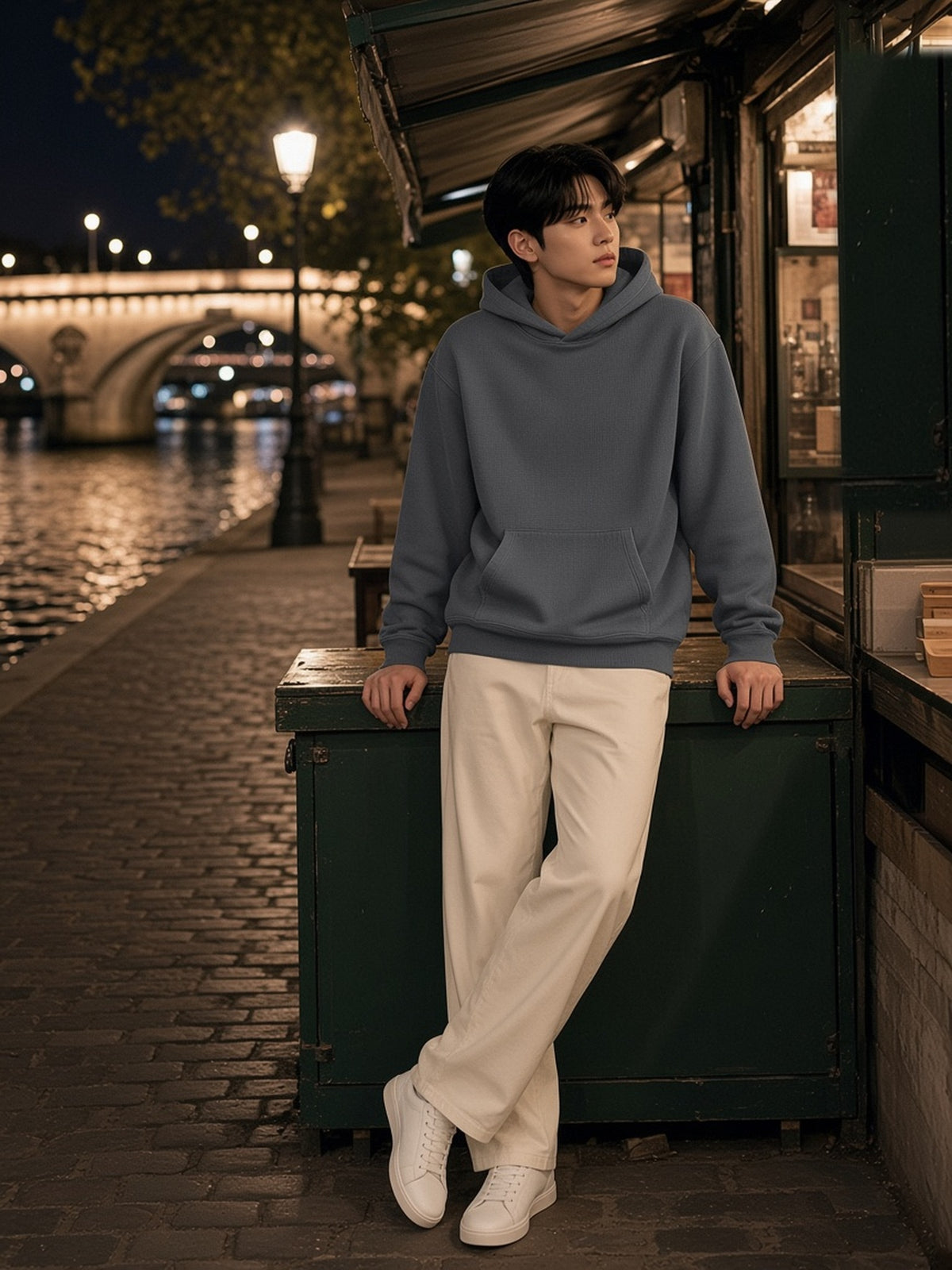 Man in Marcel Afters Vintage Wash Waffle Boxy Hoodie in Dark Gray, model front
