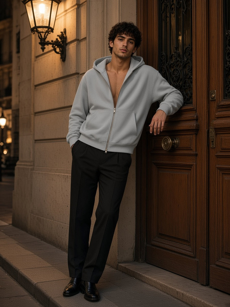 Man in Marcel Afters Vintage Wash Boxy Full Zip Hoodie in Light Gray, model front