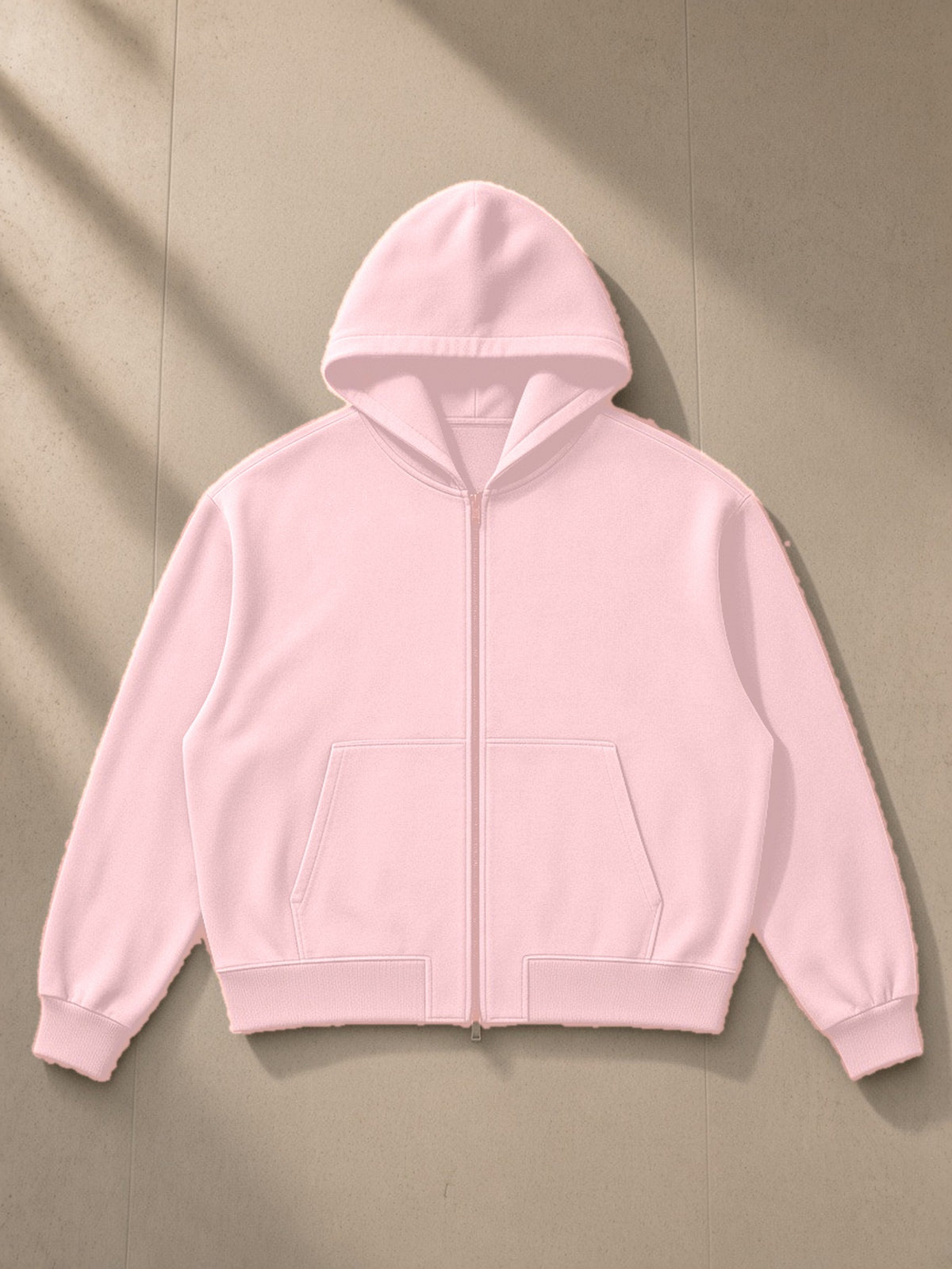 Vintage Wash Boxy Full Zip Hoodie in Pink, laid flat on pale limestone, front view