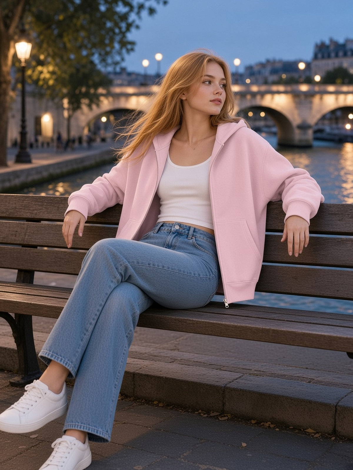 Woman in Marcel Afters Vintage Wash Boxy Full Zip Hoodie in Pink, model front