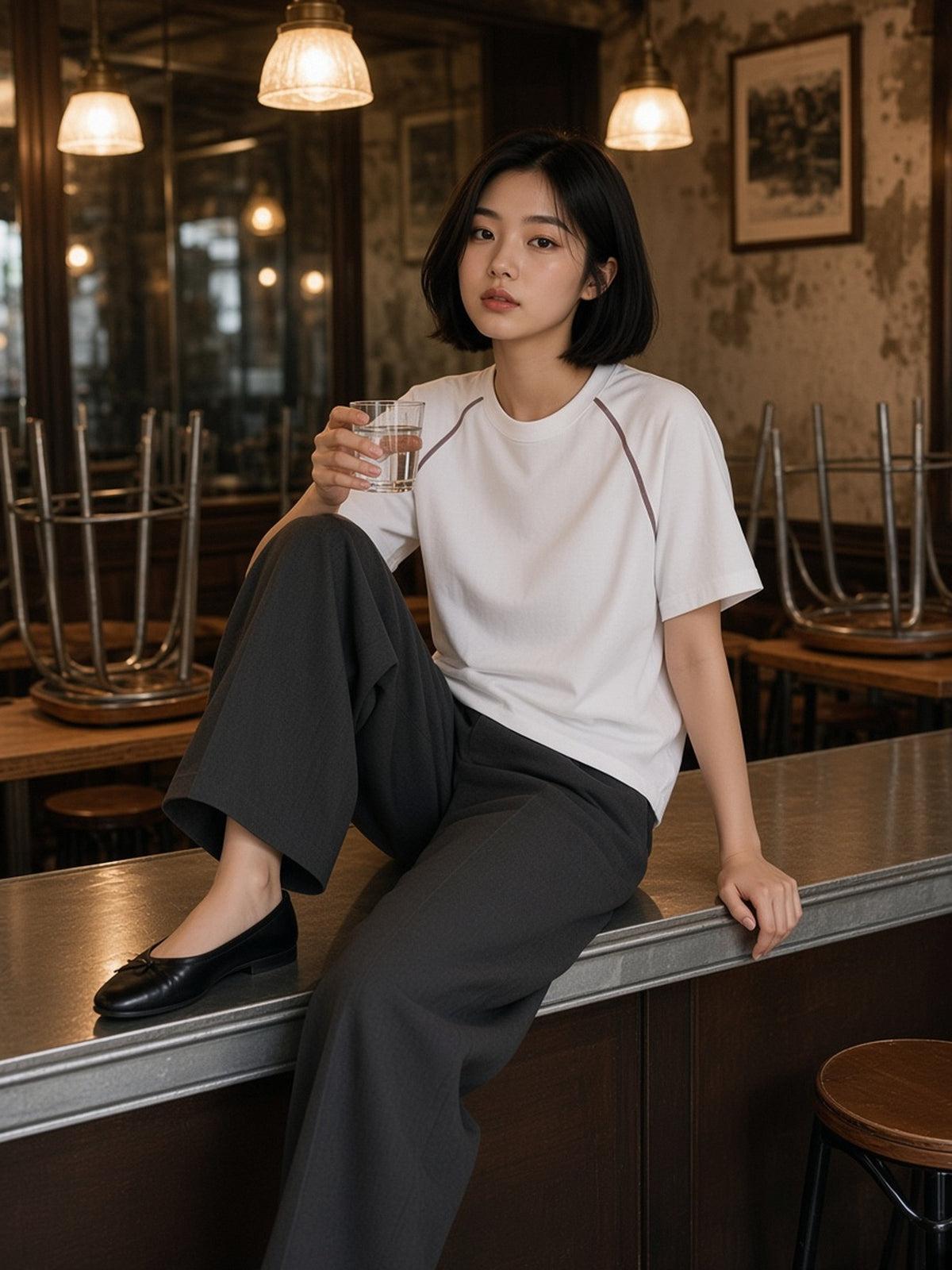 Woman in Marcel Afters Contrast Stitch Raglan T-Shirt in White, model front