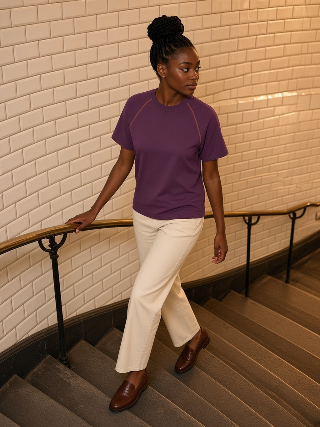 Woman in Marcel Afters Contrast Stitch Raglan T-Shirt in Plum Purple, model front