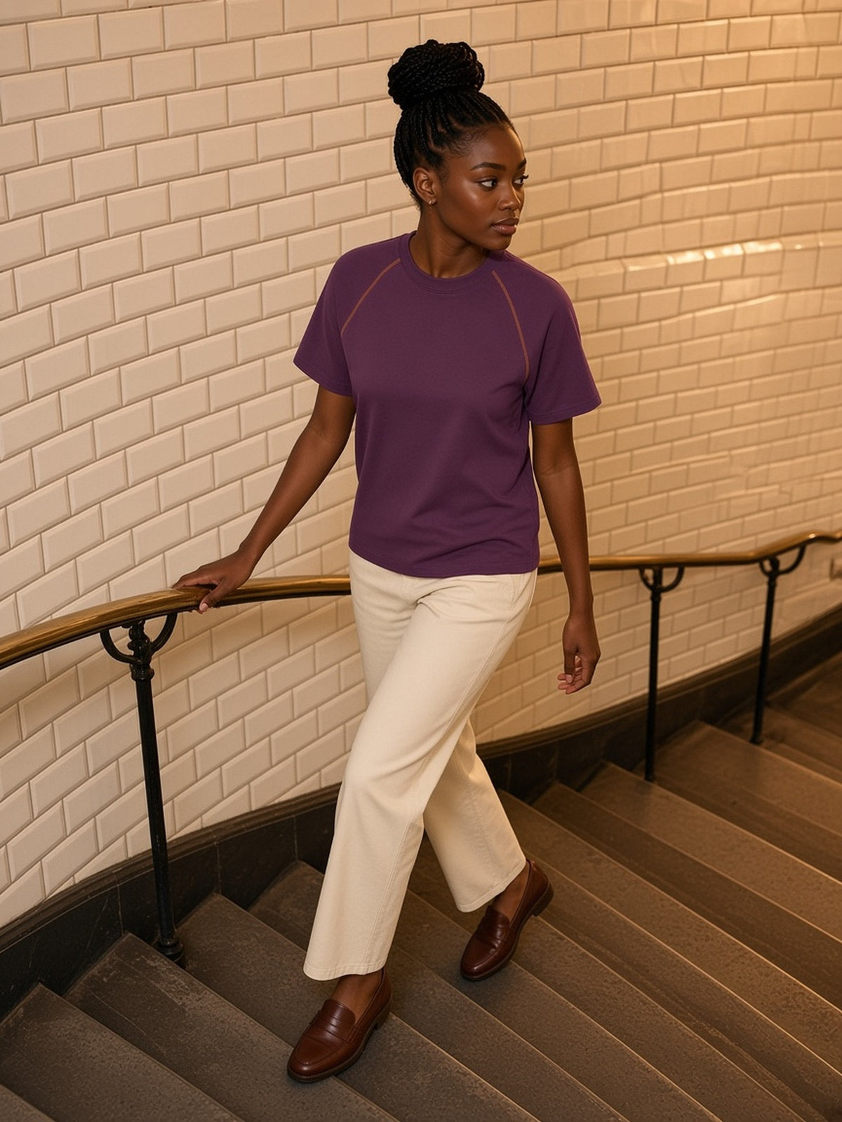 Woman in Marcel Afters Contrast Stitch Raglan T-Shirt in Plum Purple, model front