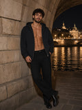 Man in Marcel Afters Vintage Wash Boxy Full Zip Hoodie in Black, model front