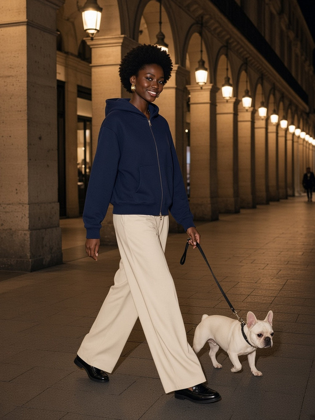 Woman in Marcel Afters Vintage Wash Boxy Full Zip Hoodie in Navy Blue, model front