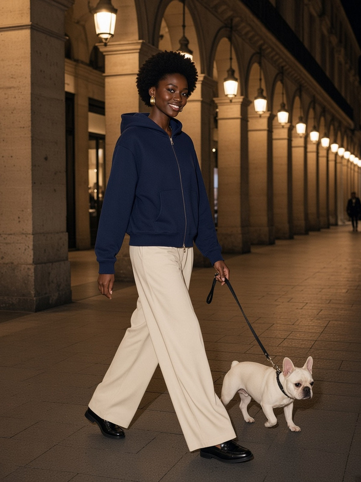 Woman in Marcel Afters Vintage Wash Boxy Full Zip Hoodie in Navy Blue, model front