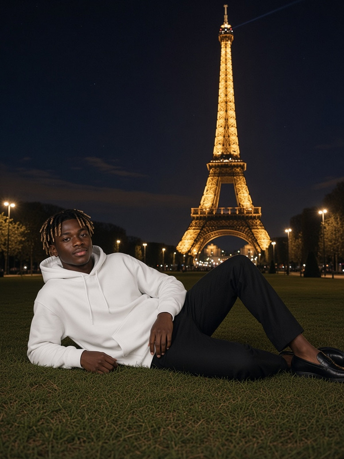 Man in Marcel Afters Essential Heavyweight Hoodie in White, model front