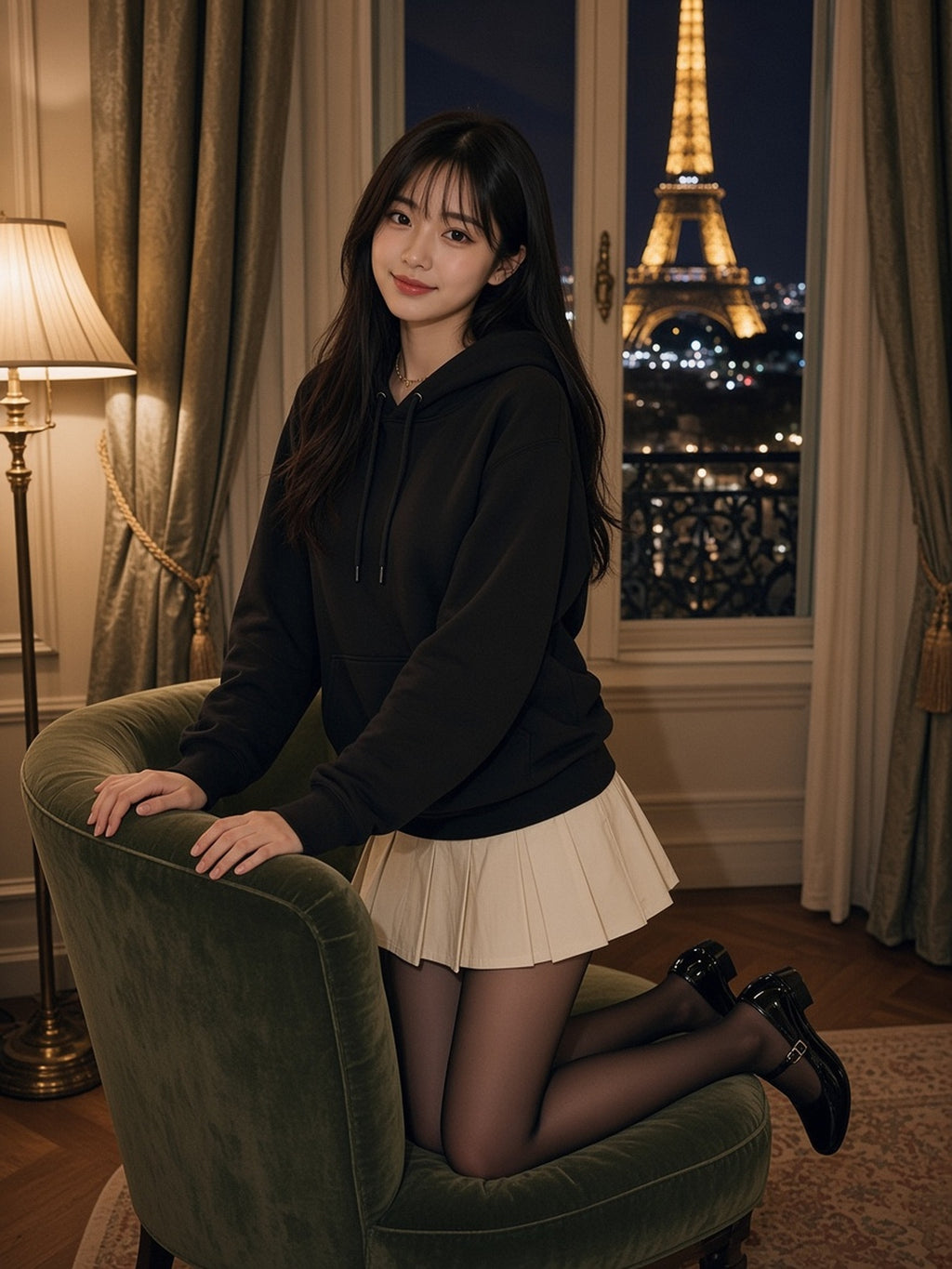 Woman in Marcel Afters Essential Heavyweight Hoodie in Black, model front