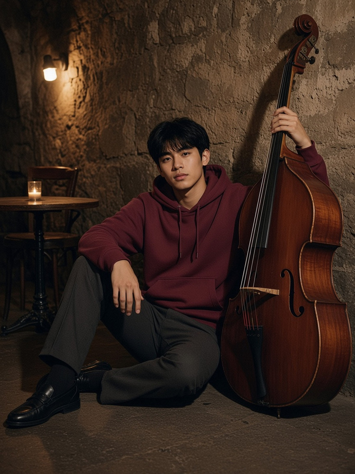 Man in Marcel Afters Essential Heavyweight Hoodie in Dull Red, model front