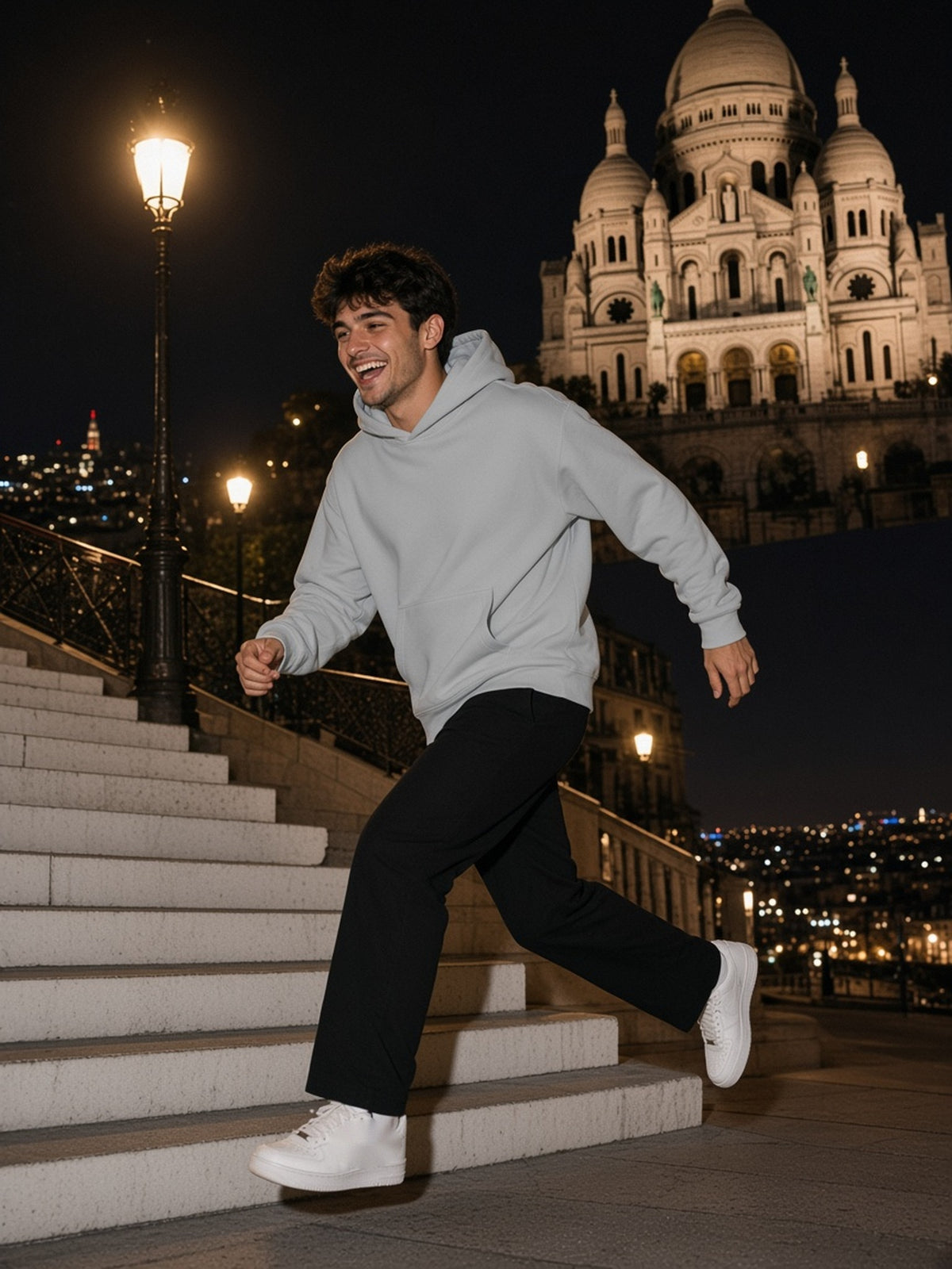 Man in Marcel Afters Drop Shoulder Hoodie in Flower Gray, model front