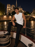 Man in Marcel Afters Spliced Panel Sleeveless Muscle T-Shirt in White, model front